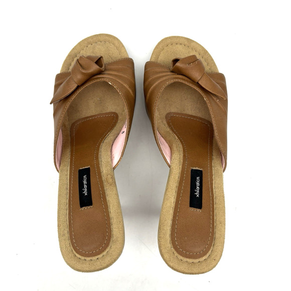 Vintage 00s Y2K Xhilaration Tan Faux Leather Wooden Block Heel Open Toe Pumps 8 - Picture 12 of 16